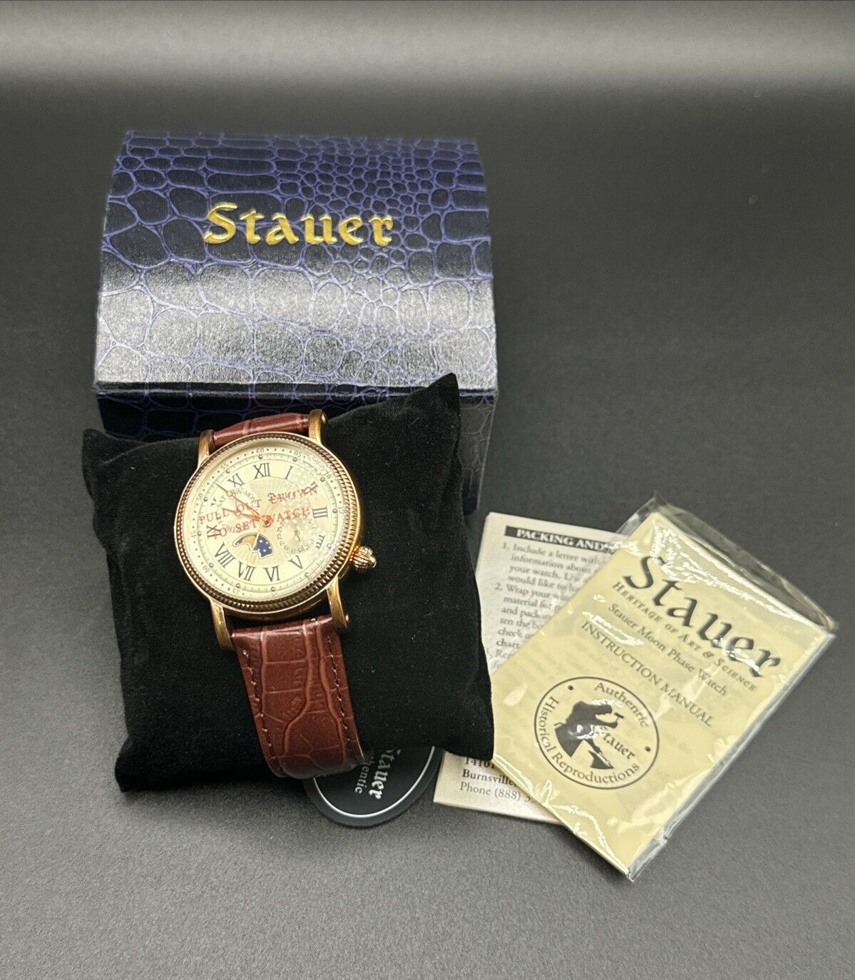 Mens Stauer Round Gold Tone Moonphase Brown Leather Strap Analog Watch 20390 F1