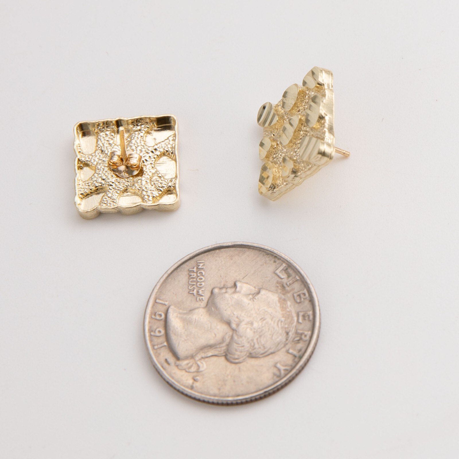 Solid 10K Diamond-Cut Square Nugget Stud Earrings Yellow Gold All Sizes