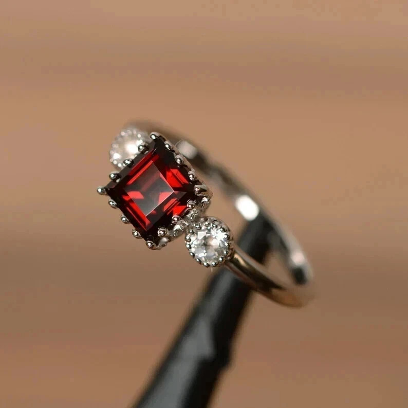 2.30 Ct Princess Cut Natural Garnet & Diamond Wedding Ring 14K White Gold