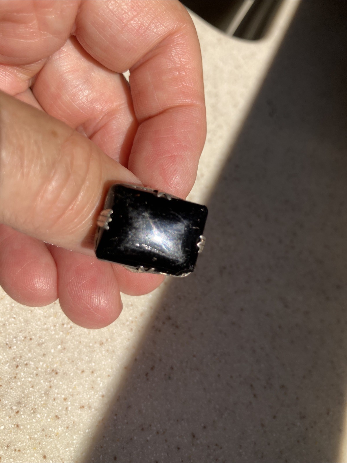 Vintage Art Deco Black Onyx Statement Ring in STERLING Silver Size 6.75