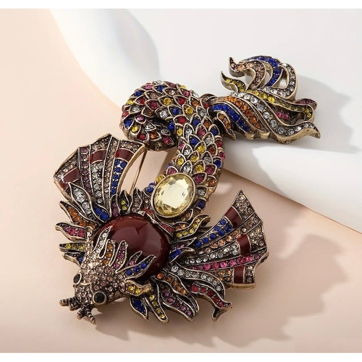 Heidi Daus Koi Fish Multicolor Rhinestones on Gold Tone Brooch Pin Extra Large