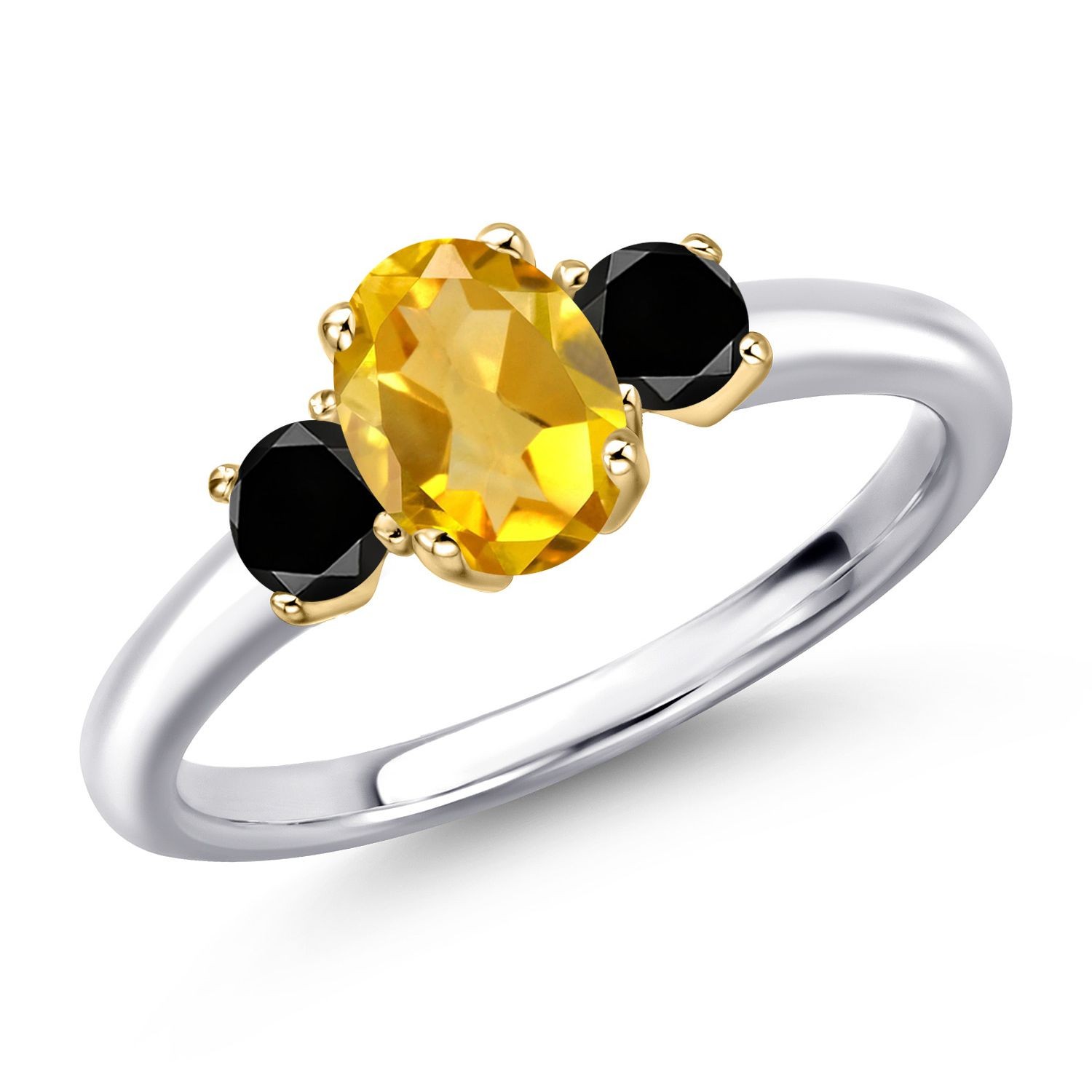 925 Silver and 10K Yellow Gold Citrine and Black Diamond Engagement Ring For