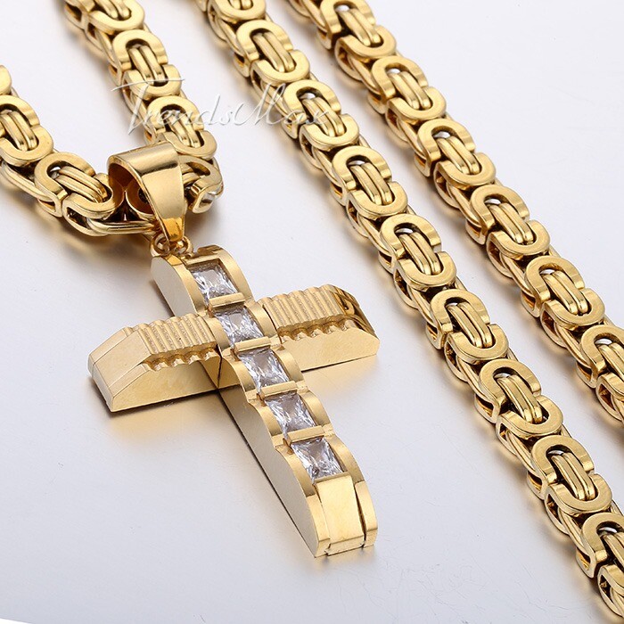 18-30“ Stainless Steel CZ Rhinestone Cross Pendant Necklace Flat Byzantine Chain