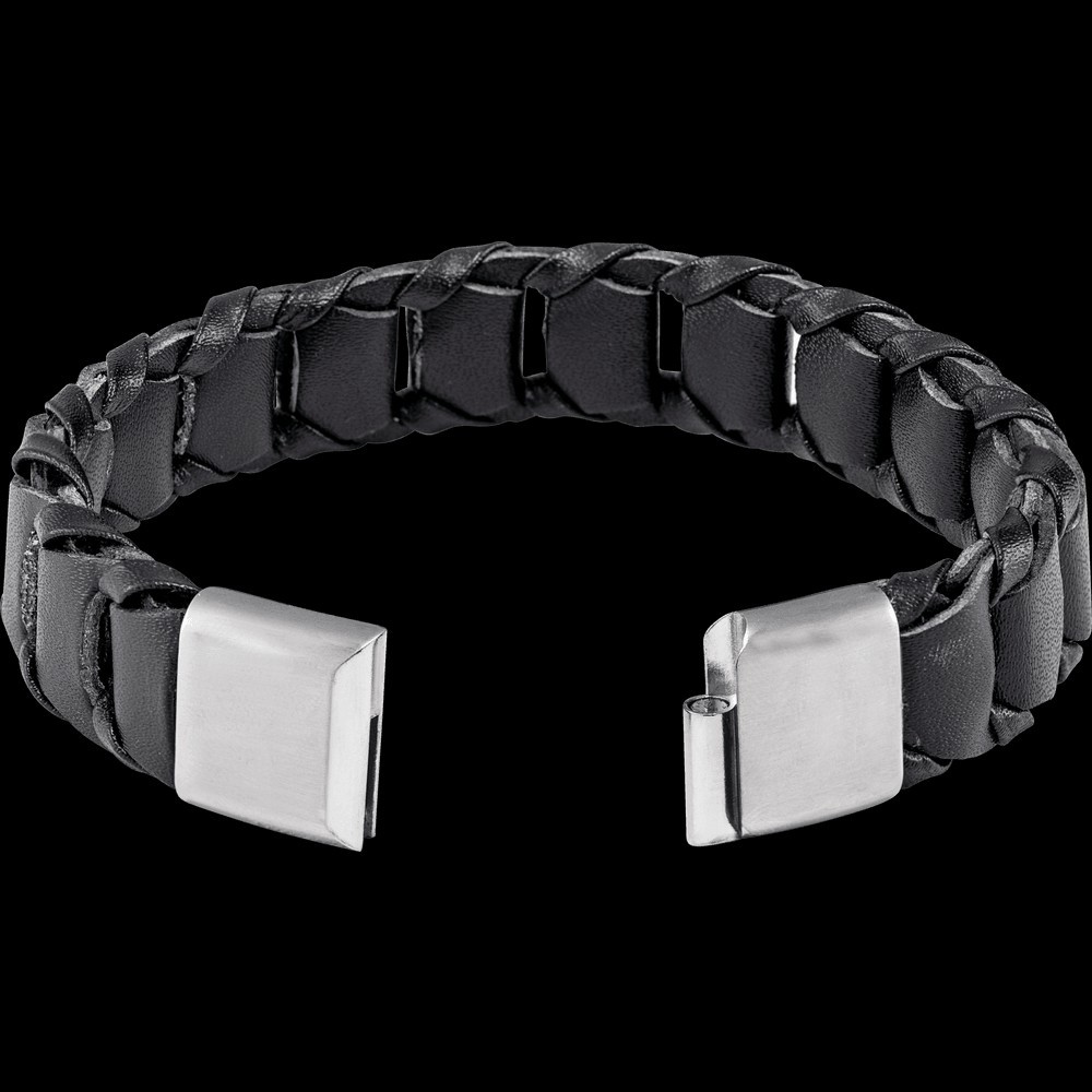 Black Leather Cord Braided Bracelet, Stainless Steel Magnetic Clasp 8 in. STU
