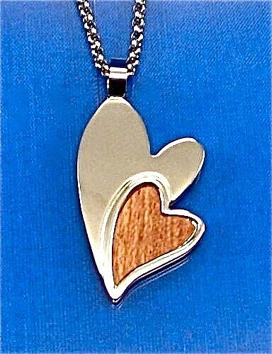 STAINLESS STEEL AND WOOD INLAY DOUBEL HEART PENDANT, 18″ CHAIN