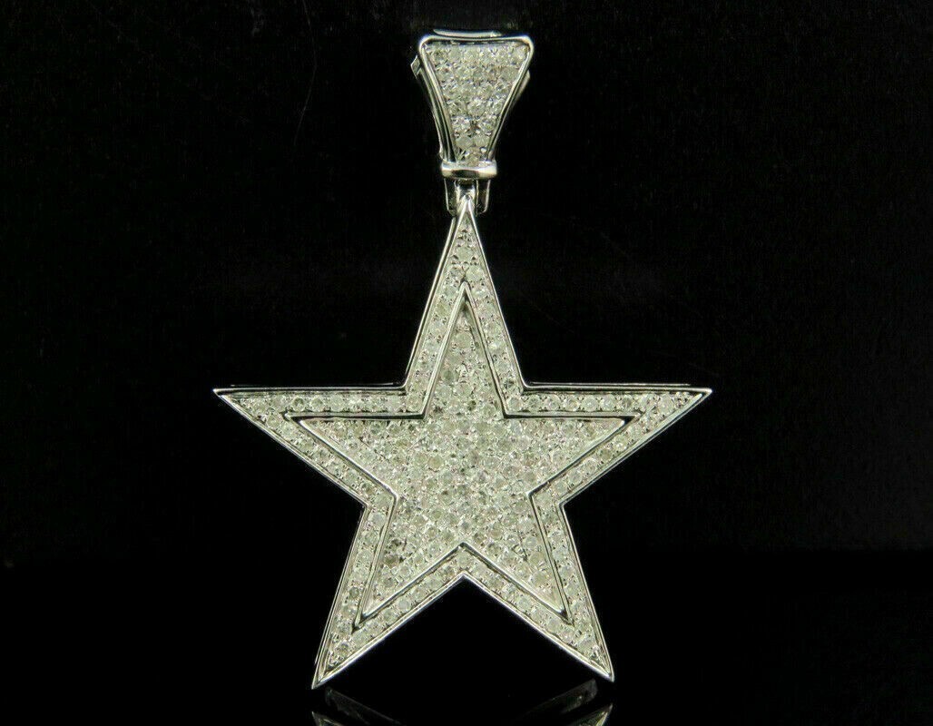 Men’s 14K White Gold Over Diamond Star Pendant Charm 1.35 CT 1.75″