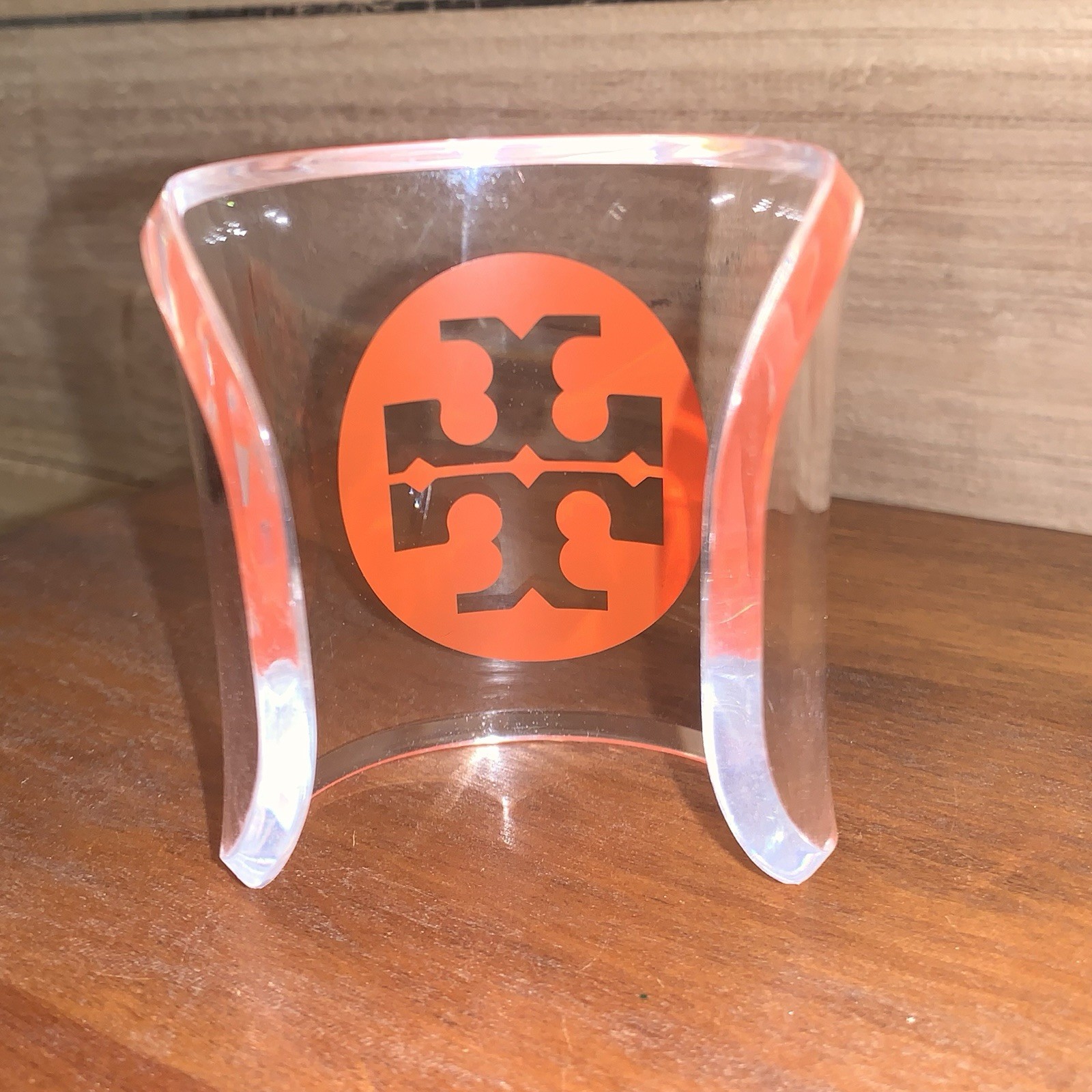 TORY BURCH Cuff Bracelet Acrylic Lucite Resin Clear With Orange Logo Fall Color