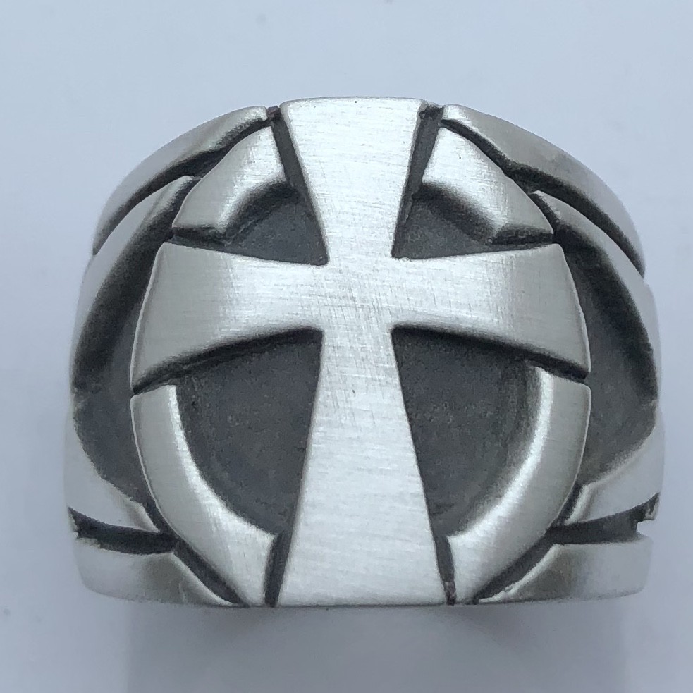 MJG STERLING SILVER KNIGHTS TEMPLAR RING- LIGHTNING SIDES. 35 GRAMS. HARLEY. 11+