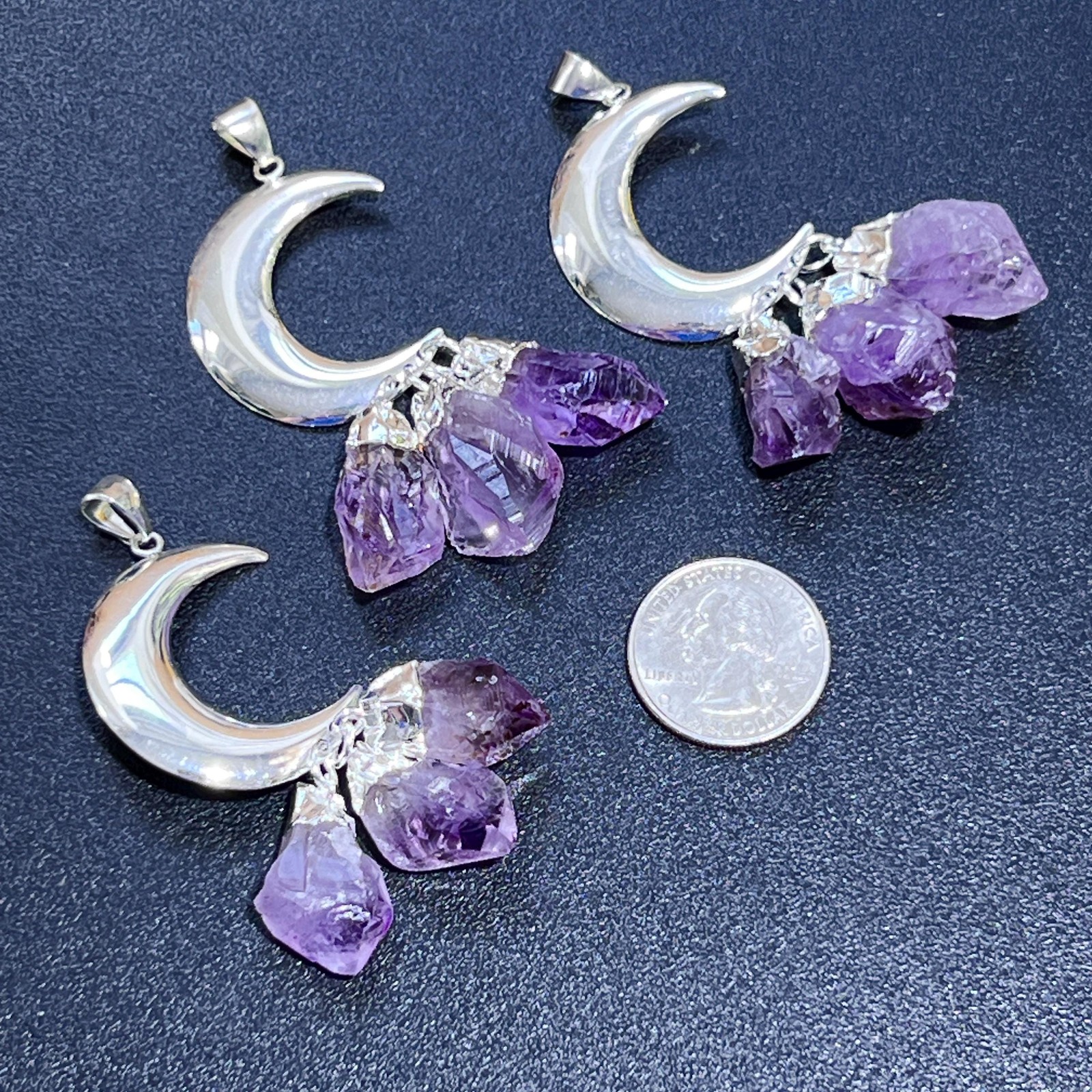 Amethyst Crystal Crescent Moon Pendant (Silver Plated)(3 Crystals) Brazil