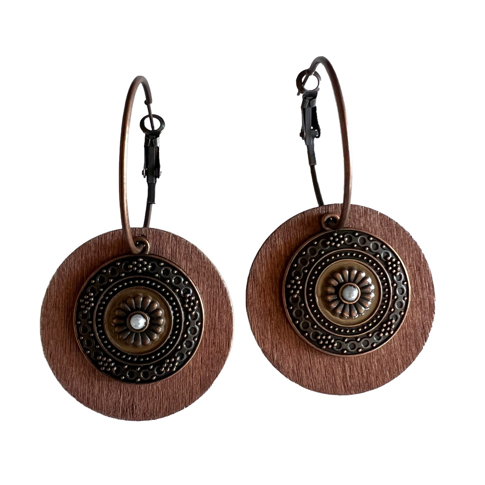 Round Wood Bronze Alloy Double Pendant Set With Pearl Embellished Earrings New