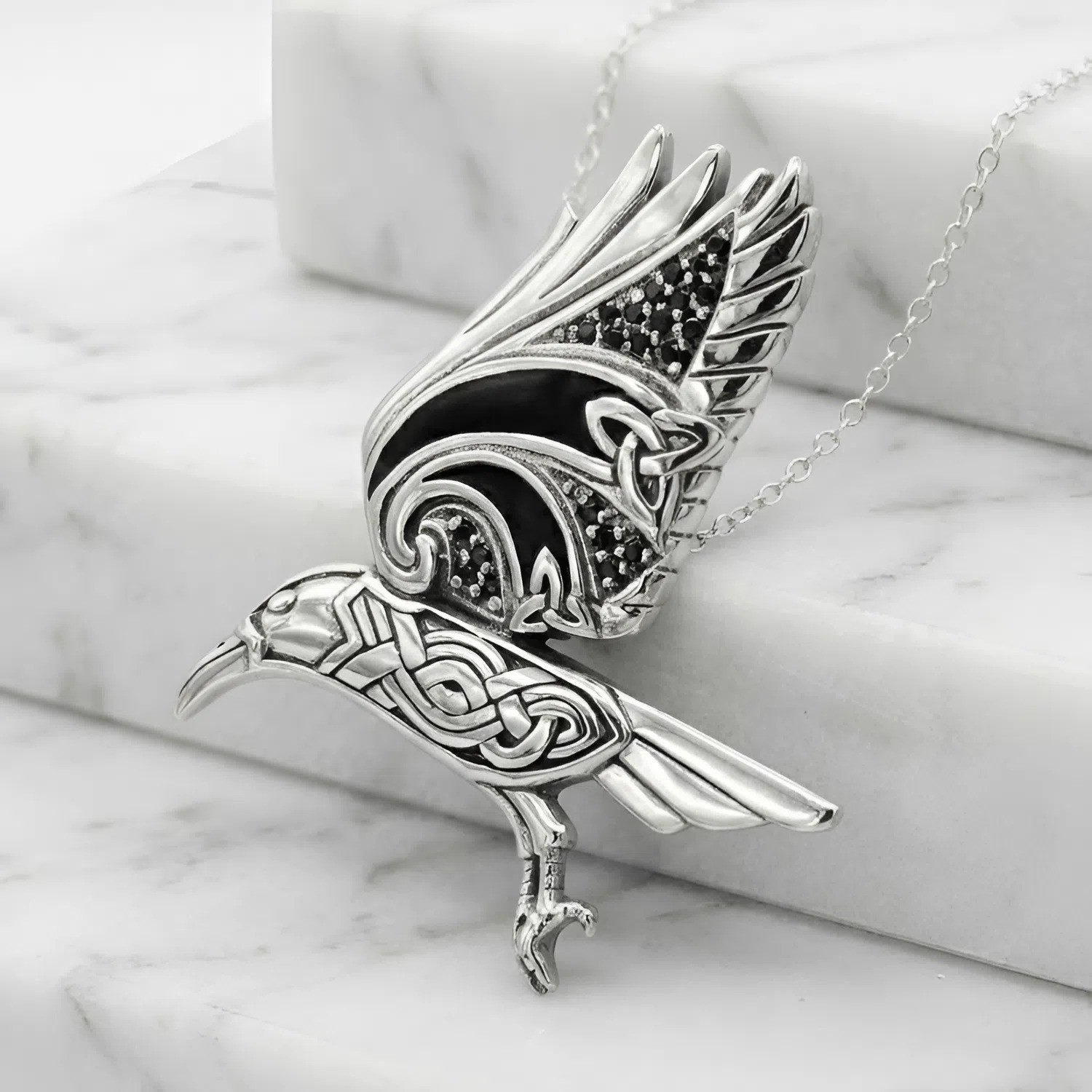 Sterling Silver Flying Celtic Knot Triquetra Raven Pendant Crow Knotwork Jewelry
