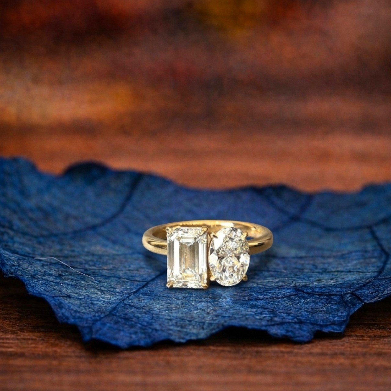 3 CT Emerald & Oval Moissanite Toi Et Moi Engagement Ring Yellow Gold Plated 925