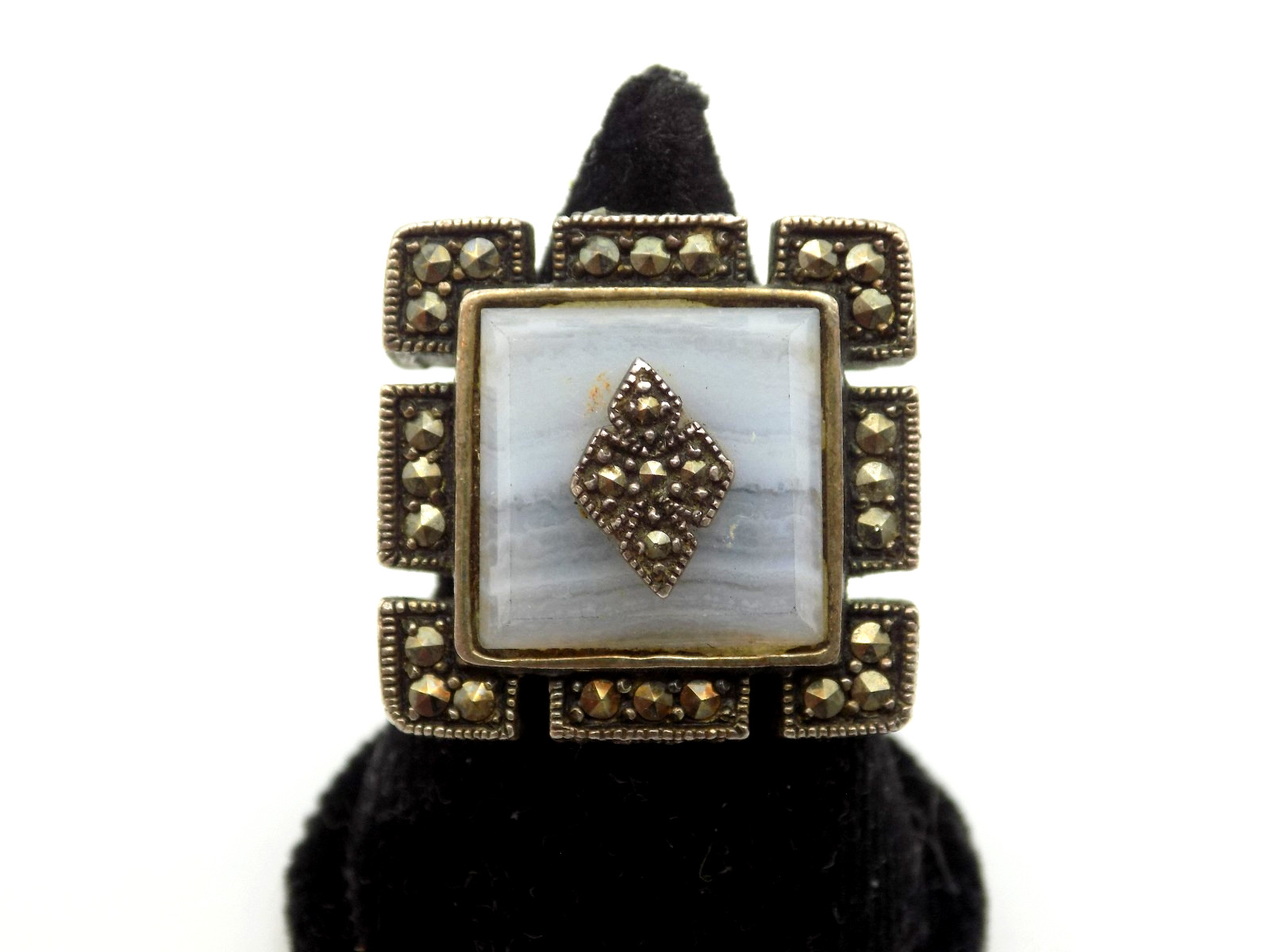 Art Deco Inspired Sterling Silver Blue Lace Agate Marcasite Ring Sz 6 Signed MLD