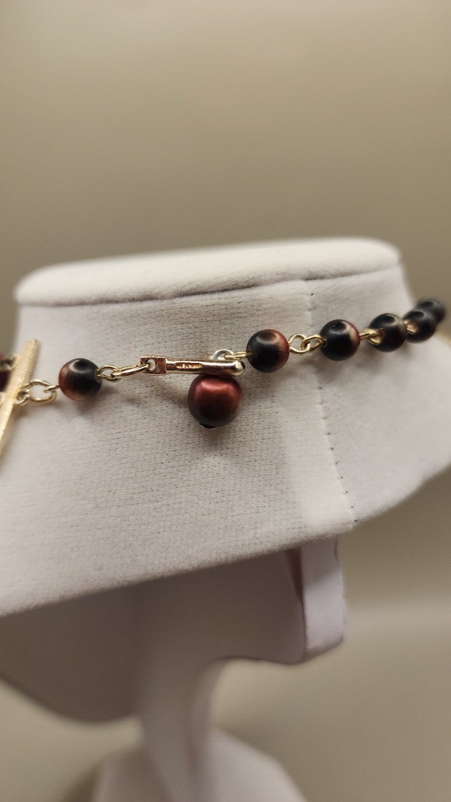 Vtg 1950s Japan 3 Strand Beaded Choker Necklace Brown Copper Faux Pearl Cluster