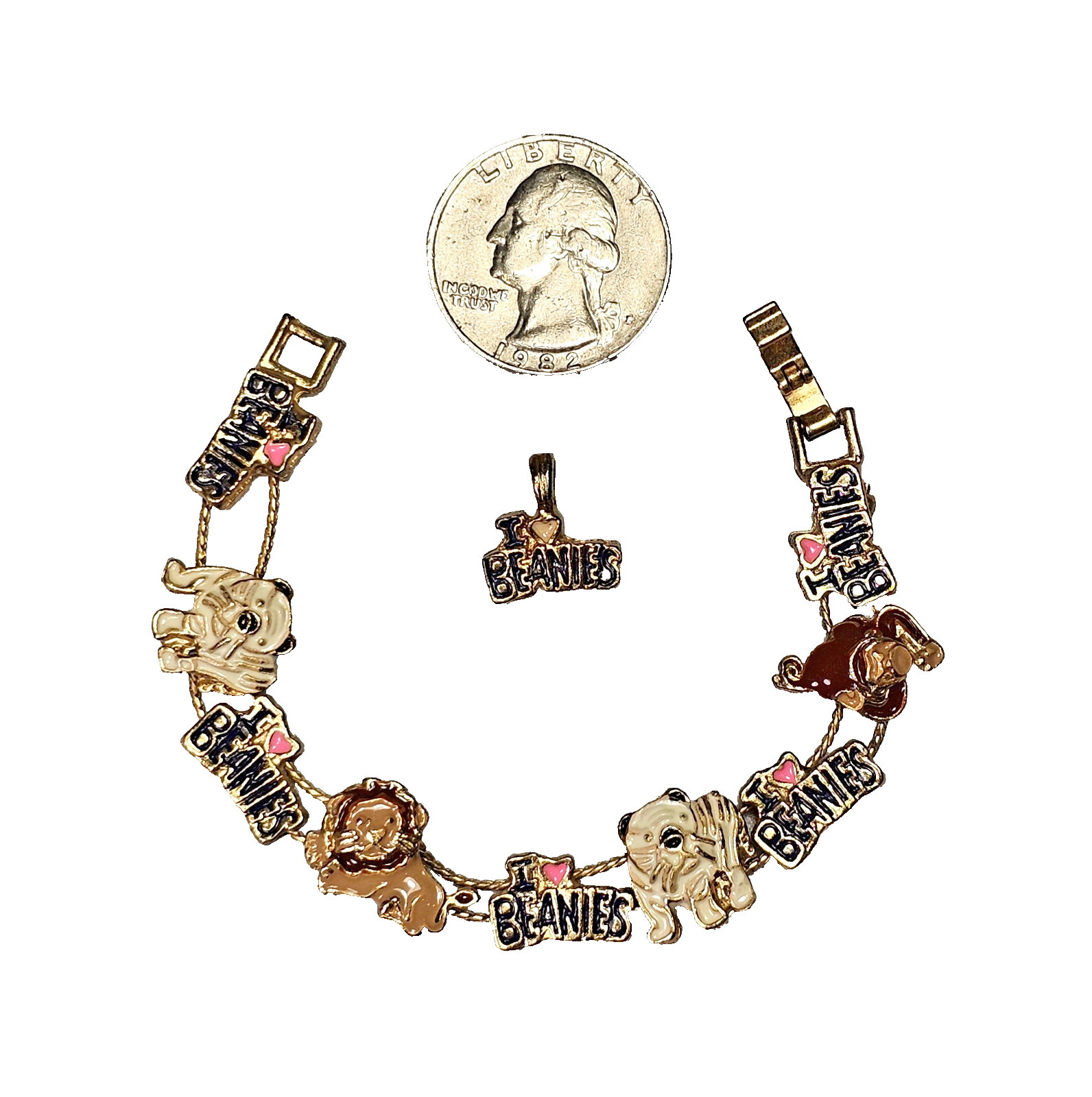 VTG I Love Beanies Pendant & 6 Inch Bracelet Set Gold Tone & Enamel