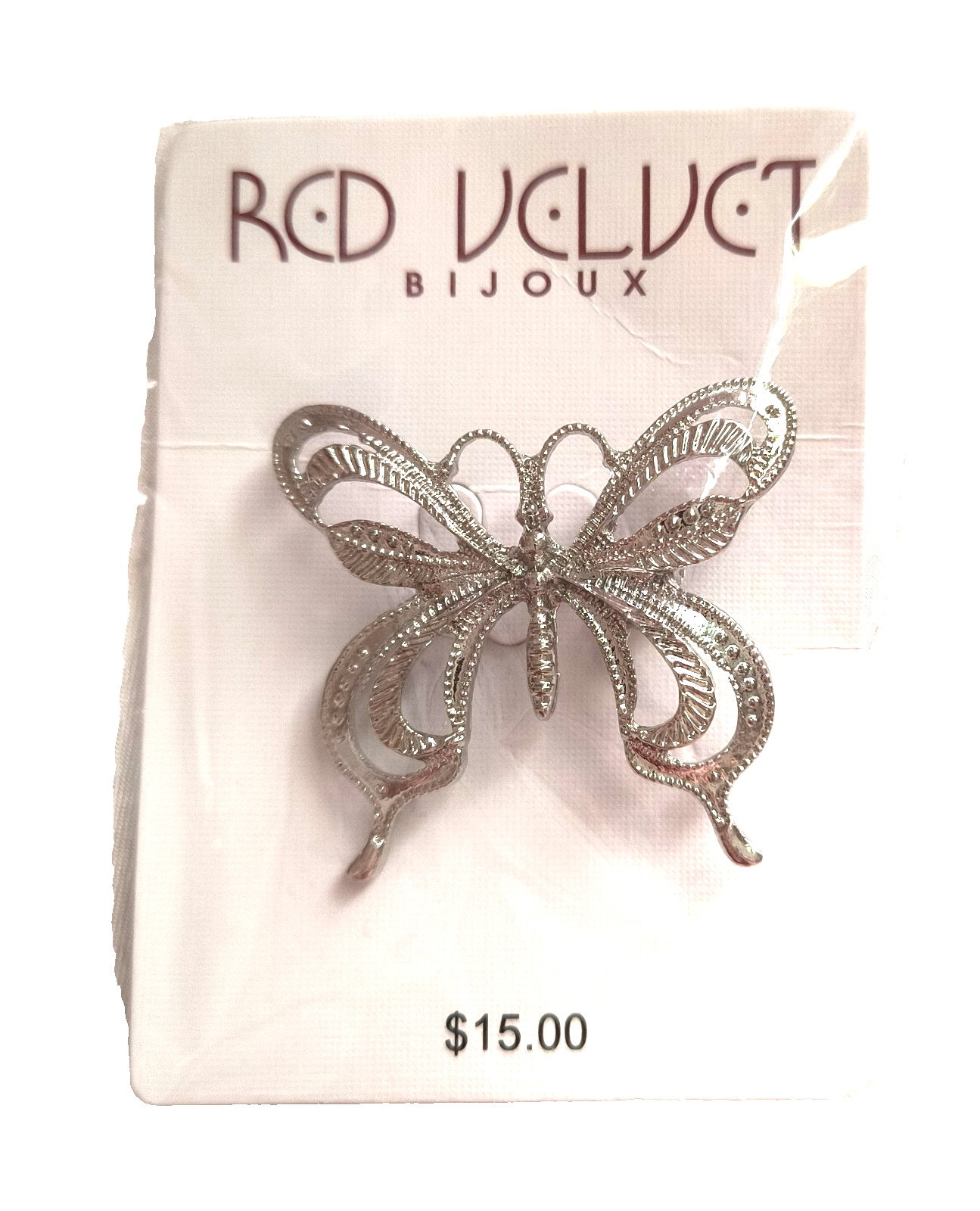 NEW Red Velt by Bijoux Women’s Jewelry Brooch Silvertone Butterfly 1.25″ x 1.25″