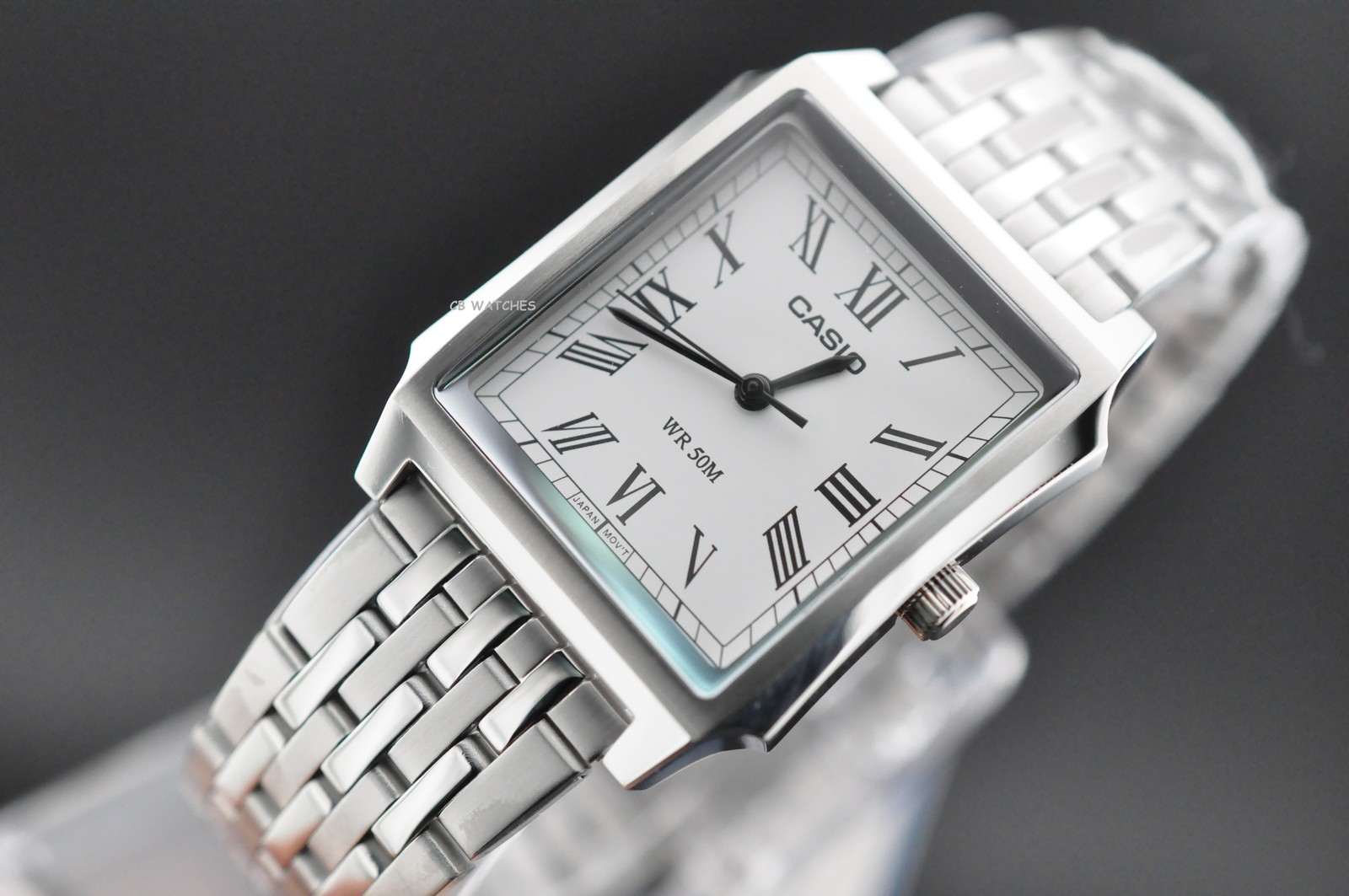 Casio MTP-B190D-7B Mens TANK Quartz Watch Silver Dial Stainless Steel