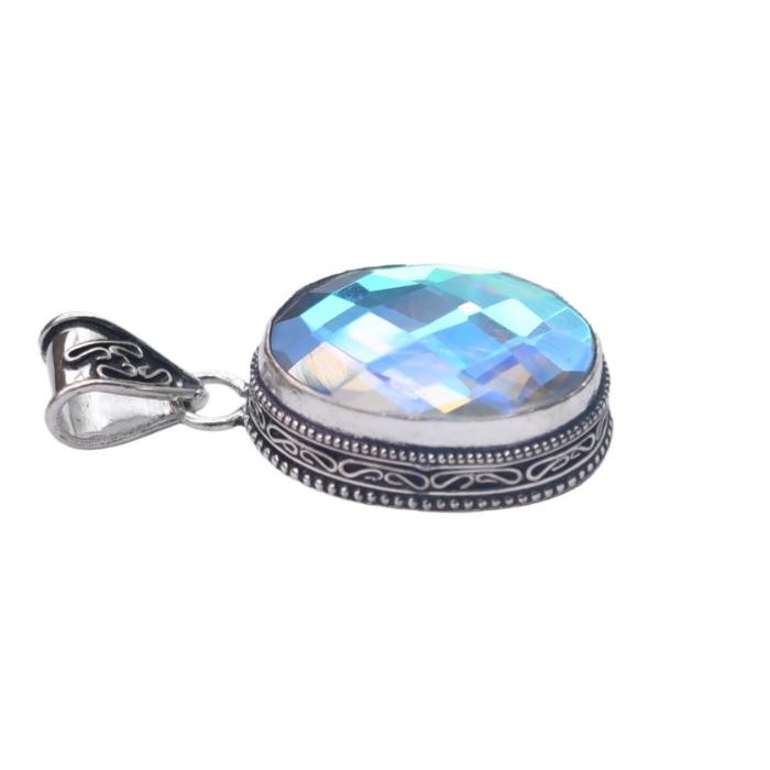 Mystic Topaz Hydro Gemstone Antique Silver Plated Pendant 2″ J 2141