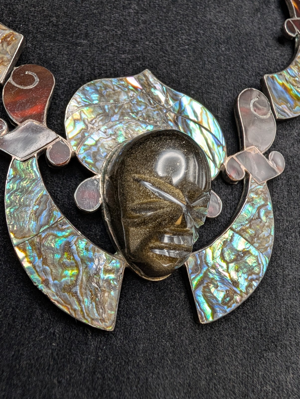 Vtg Statement Piece 925 Mexico Sheen Obsidian Tortoise & Abalone Shell