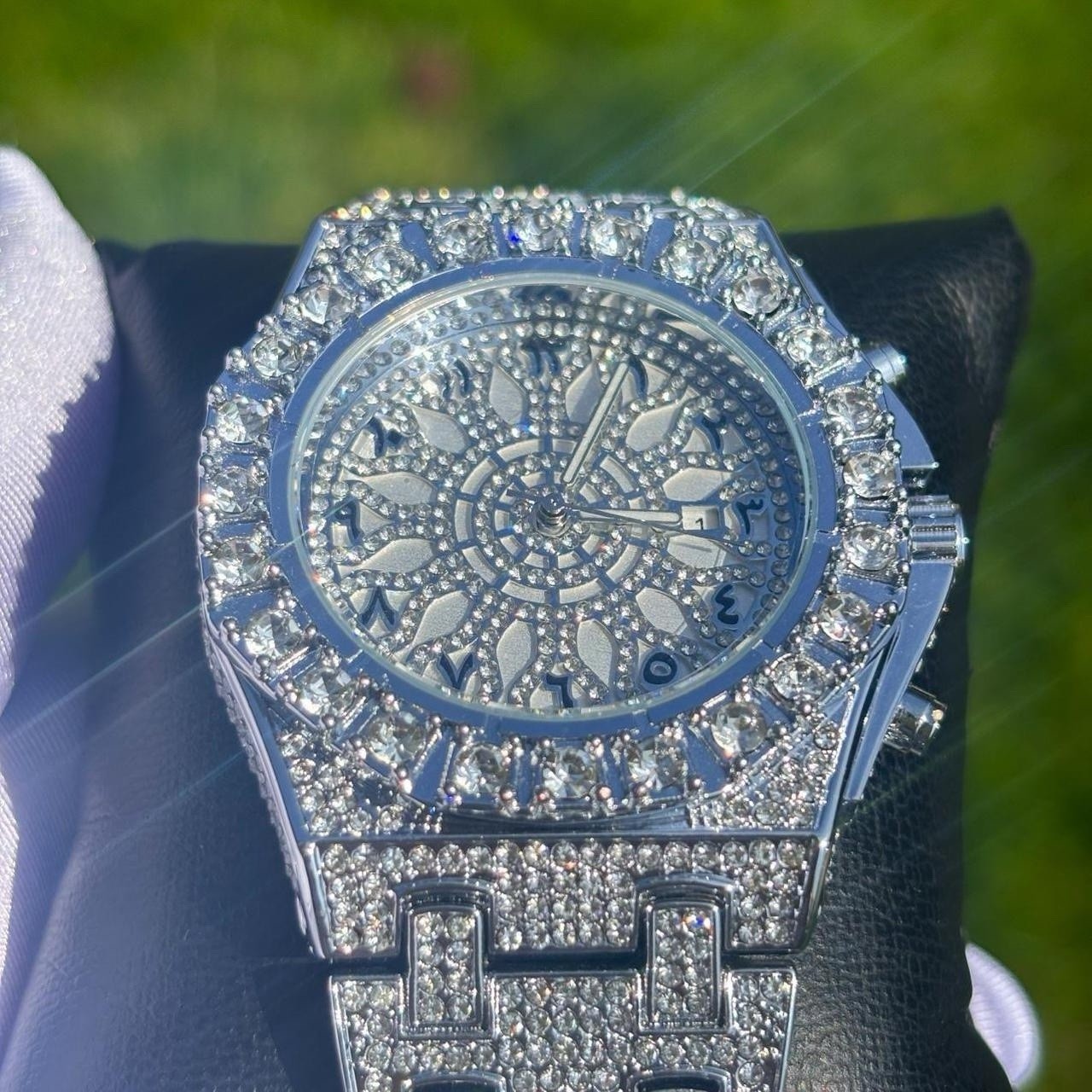 VVS Arabic Dial Iced Out Diamond Watch Snowflake Watch Silver Color