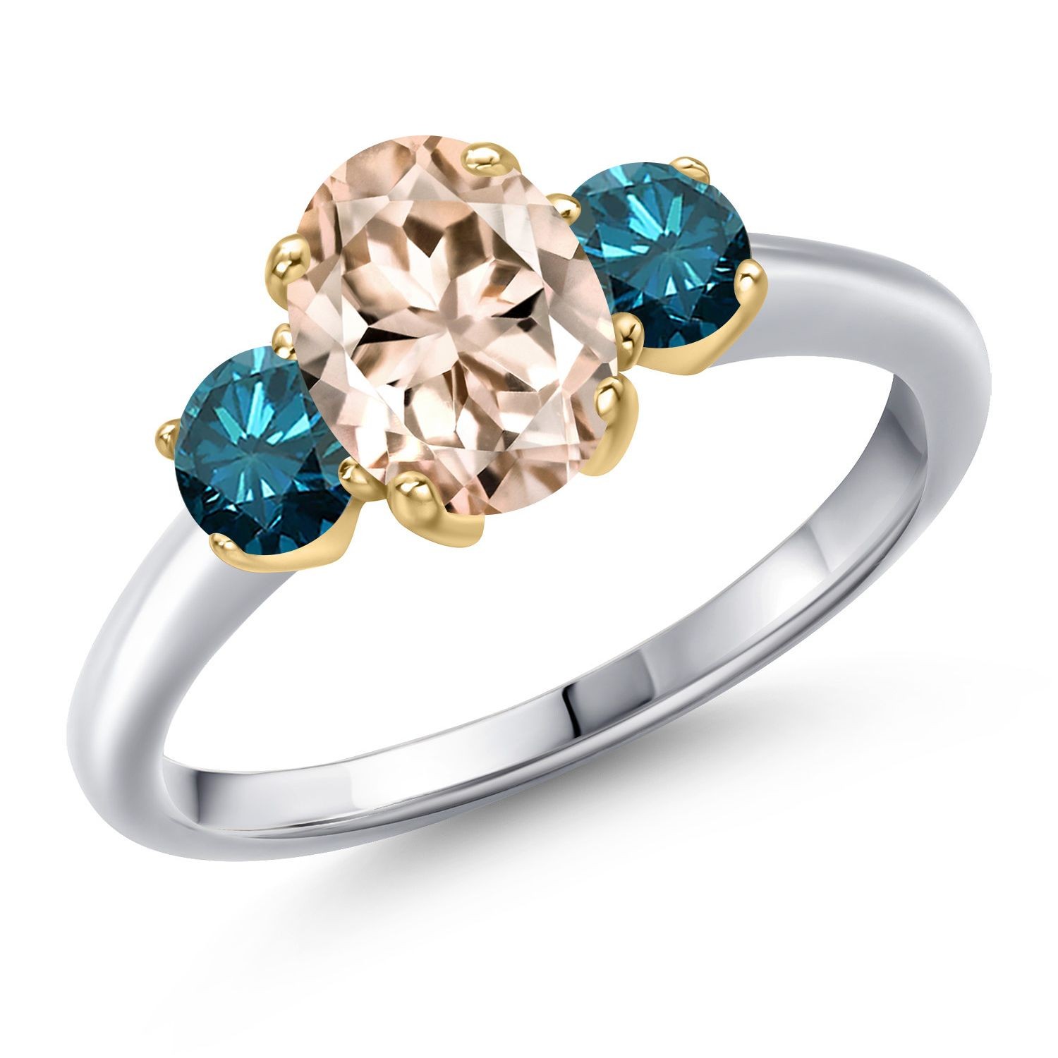 925 Silver and 10K Yellow Gold Peach Morganite and Blue Diamond Engagement Ring