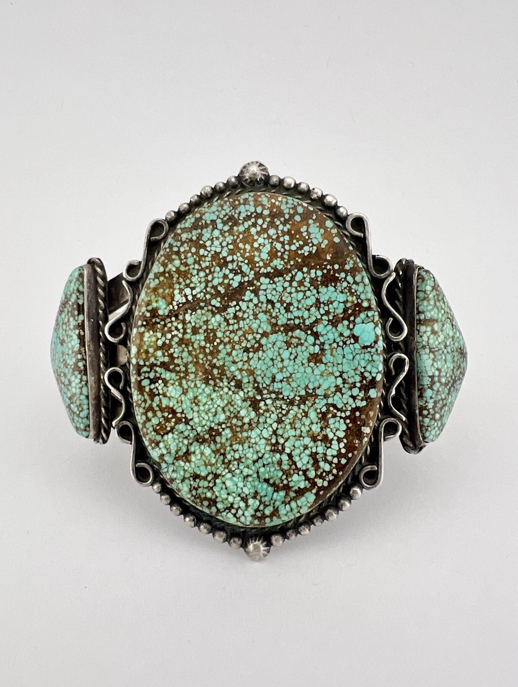 Fred Harvey Navajo Sterling Silver Spiderweb #8 Turquoise Stamped Cuff Bracelet