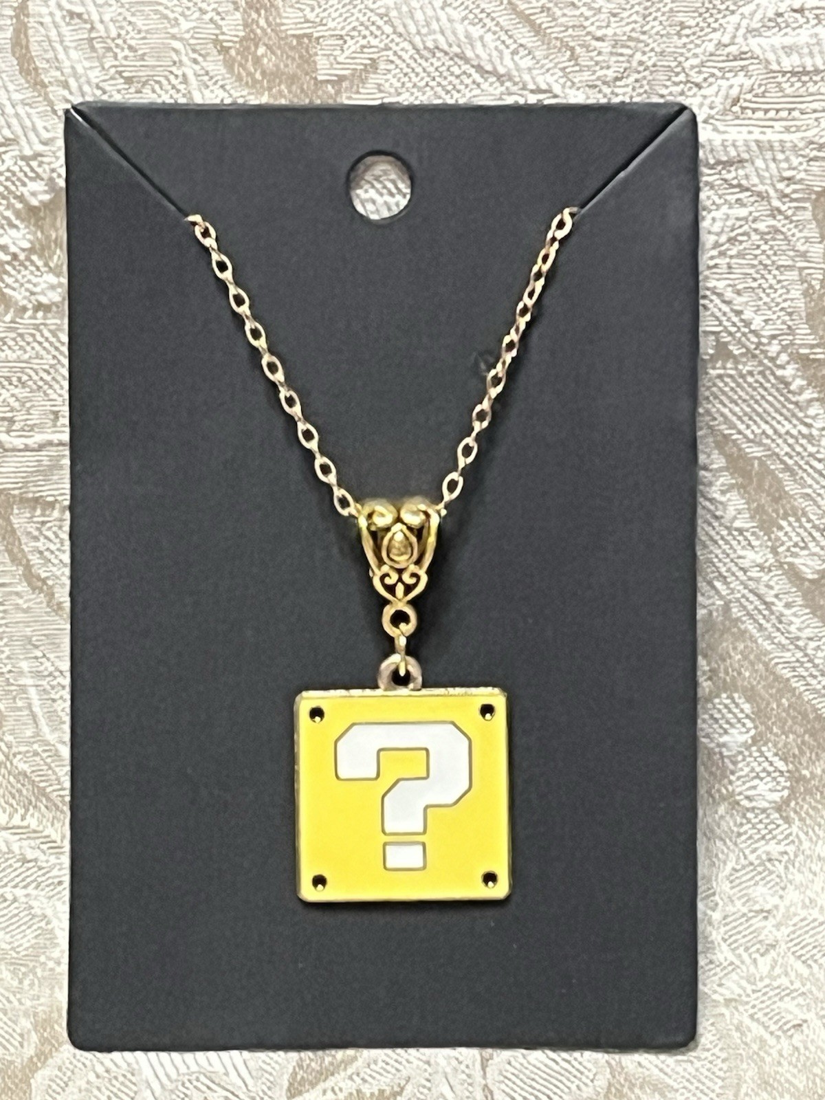 Question Box Mario Luigi Cartoon Video Game Enamel Charm Gold Boho Necklace 18”