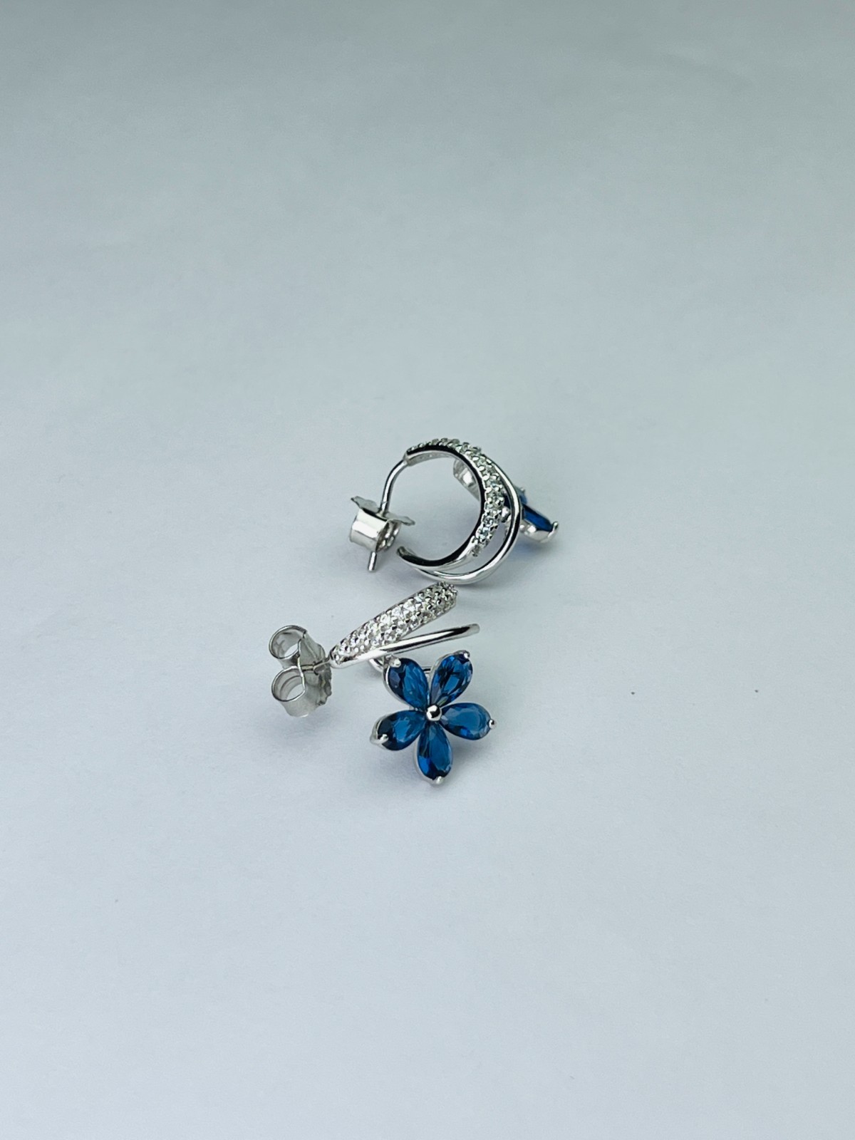 Silver Blue Flower Earrings Gift for Women