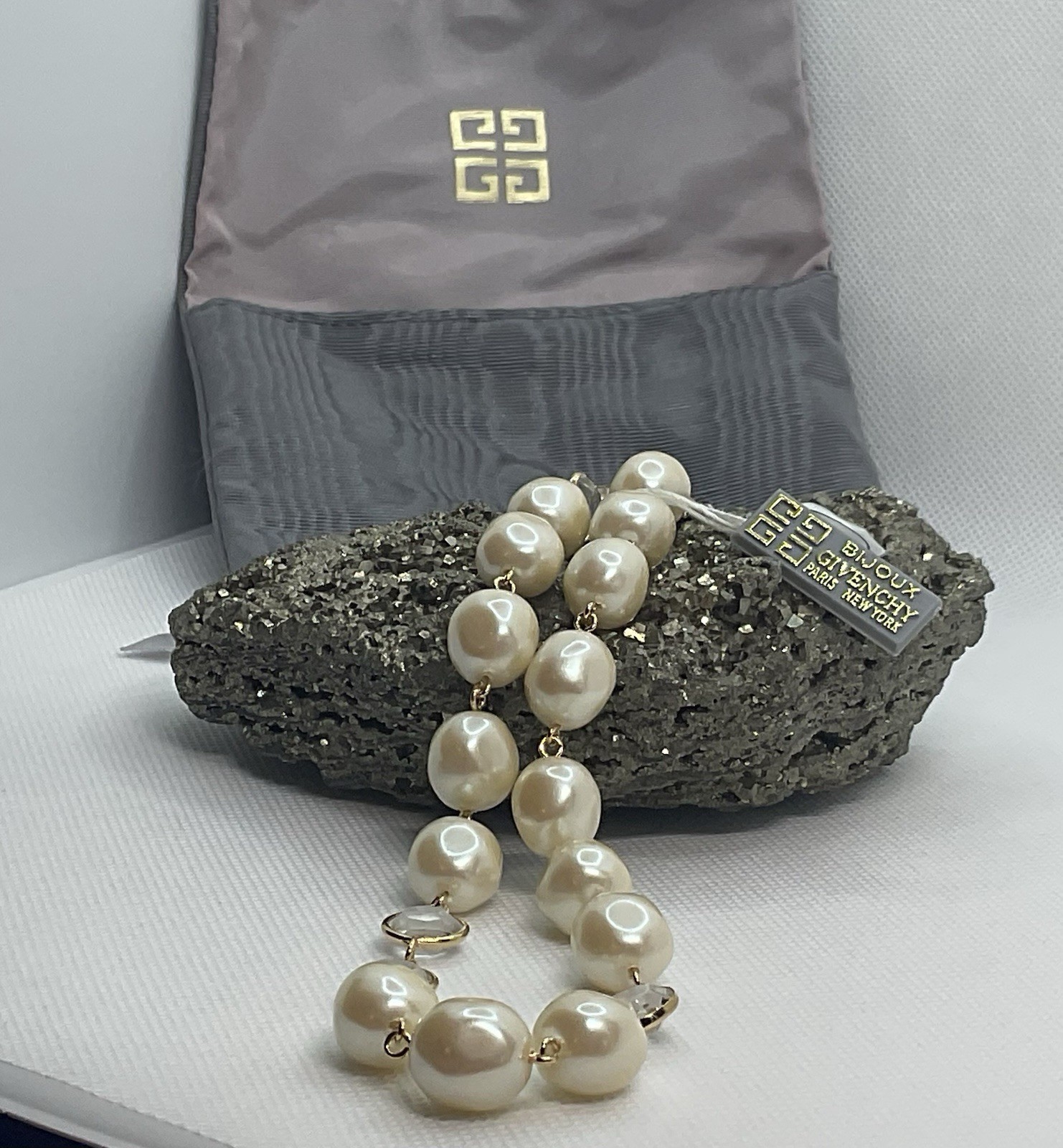 NOS Simulated Pearl + Rhinestone Bijoux GIVENCHY Goldtone Necklace!!!