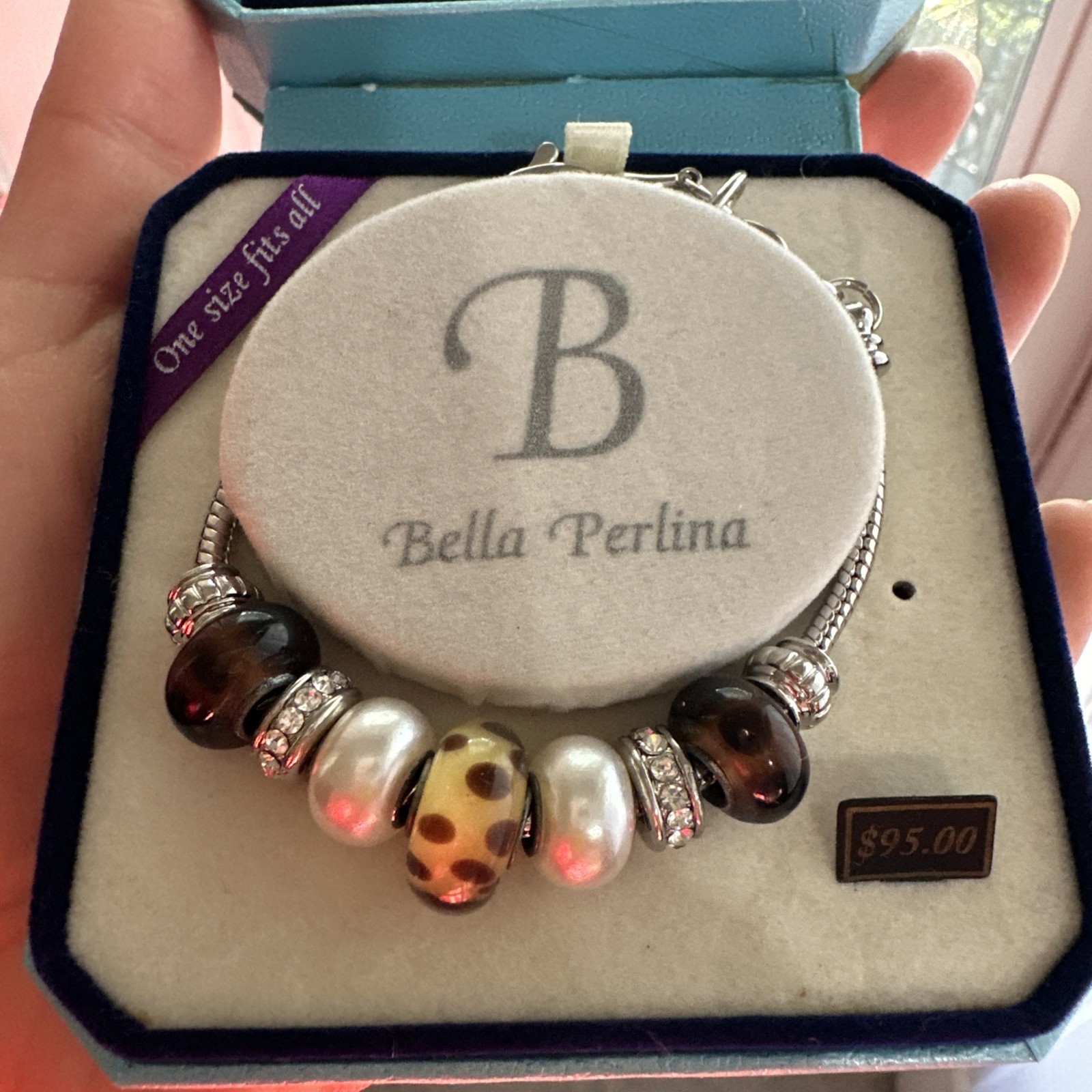 Bella Perlina glass bead bracelet with box Brown White