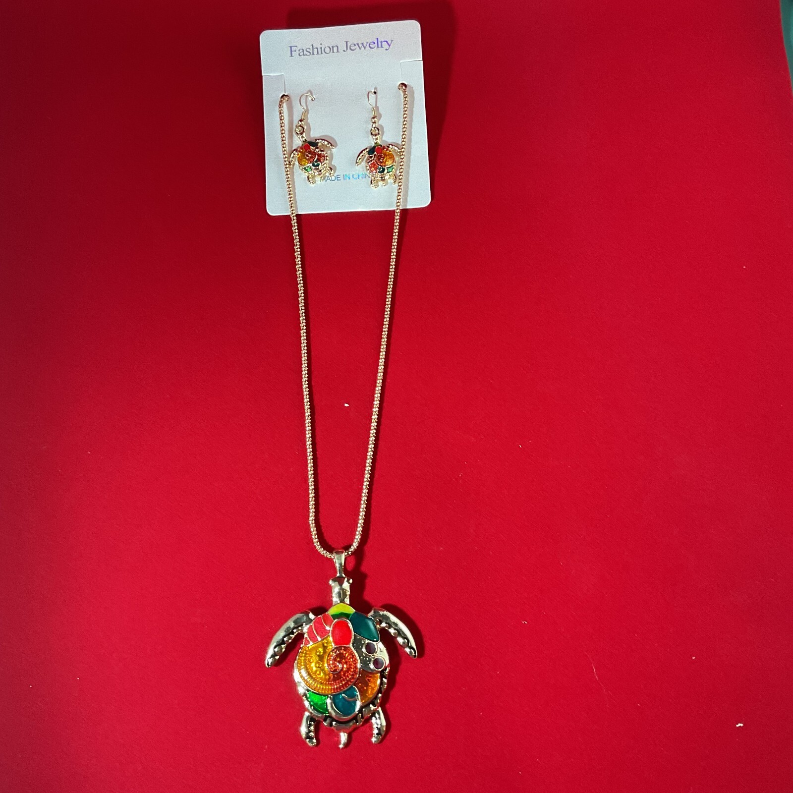 Fashion Jewelry – Gold & Colorful gems – Turtle Earrings and Necklace