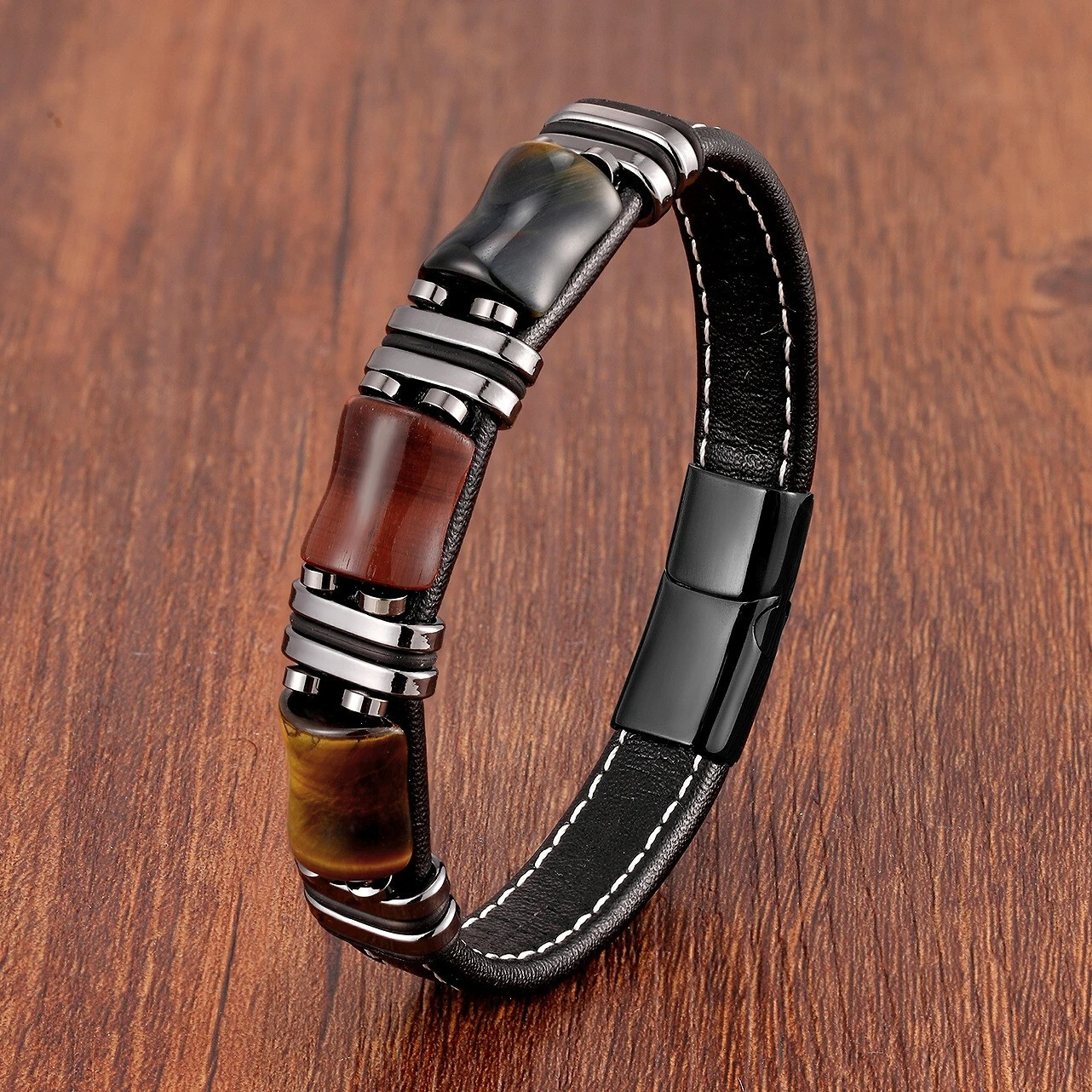 Pulsera De Acero Inoxidable Con Piedra Ojo De Tigre Para Hombre Cadena De Cuero