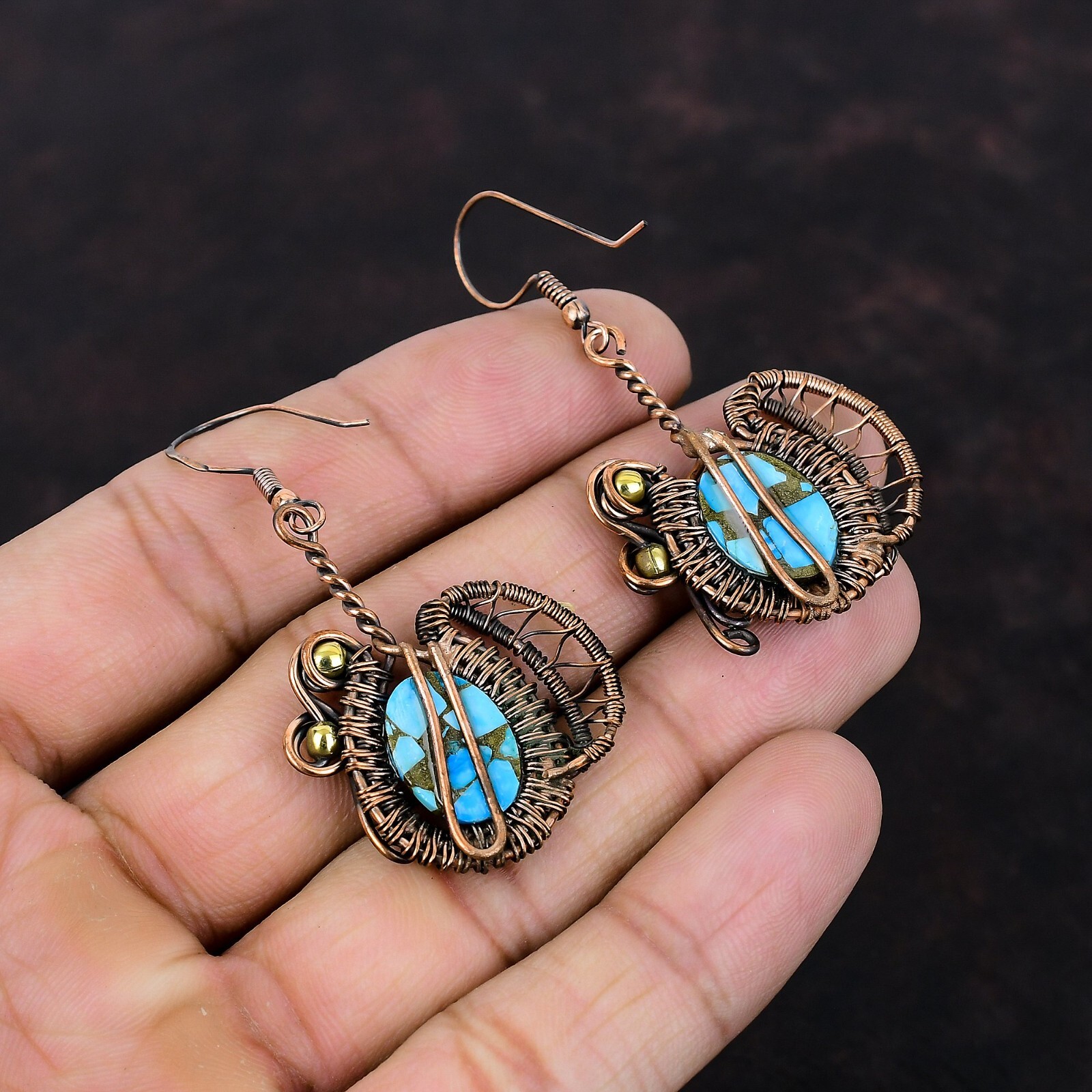 Blue Turquoise Copper Gift For Love Wire Wrapped Drop/Dangle Earrings 2.32″