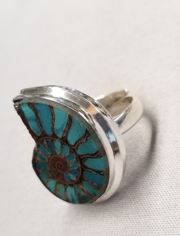 Sterling Silver 15.0g Ammonite with Turquoise Inlay Adjustable Ring sz 8.25