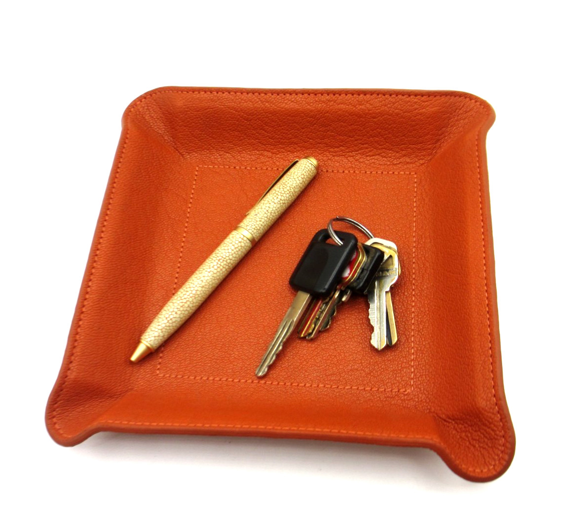 Valet Tray Catchall Leather New 6 1/2″ Square Molded Design Graphic Image ORNGE