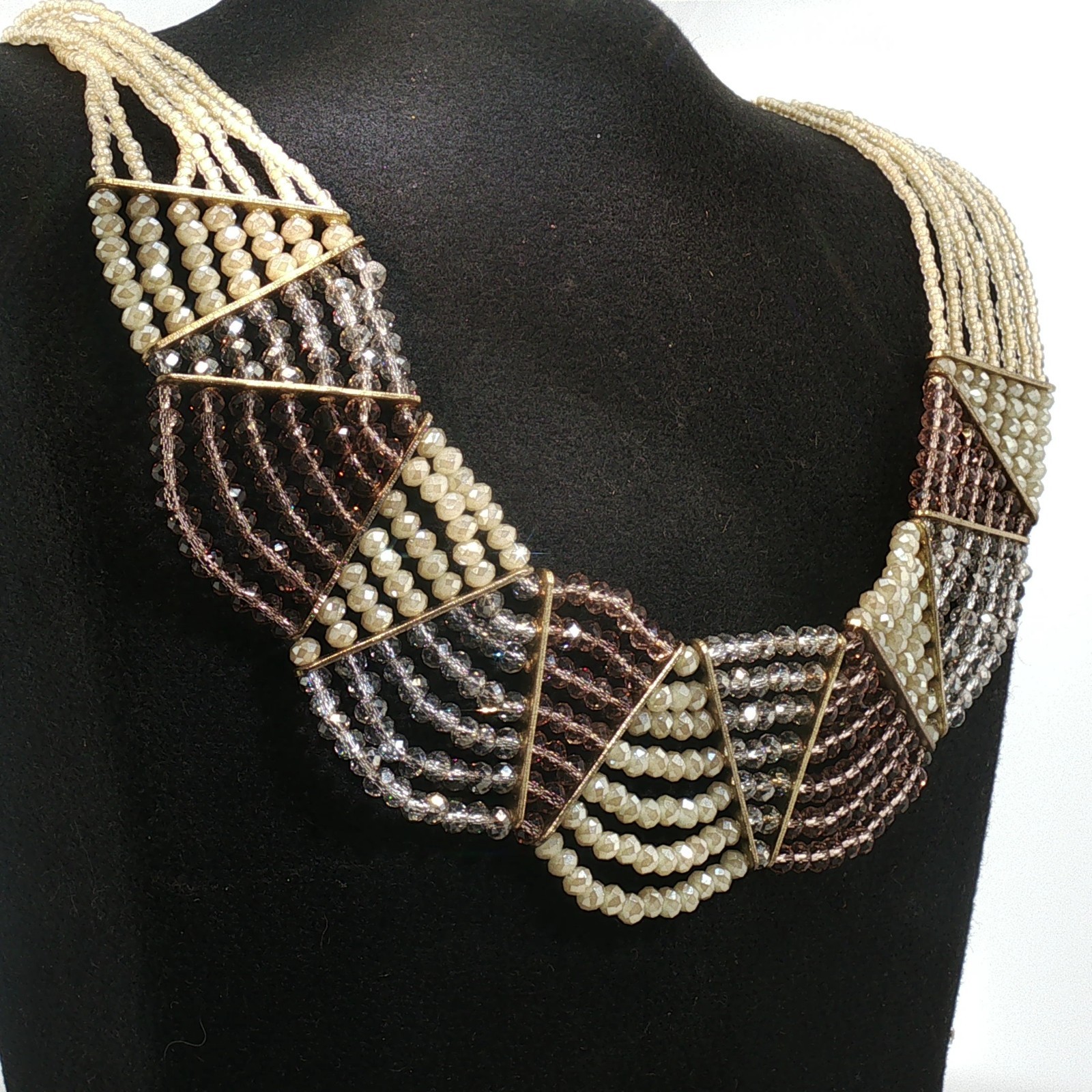 Vintage Multi-Strand Crystal Bib Necklace Gold Bronze Geometric Statement