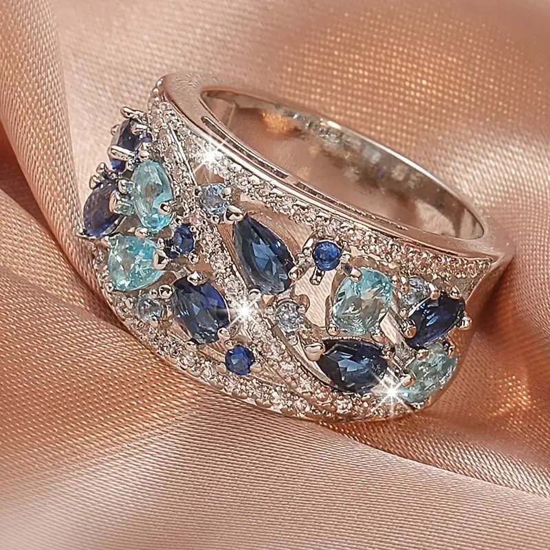 Elegant 925 Sterling Silver Blue White Topaz Wedding Engagement Ring Size 9