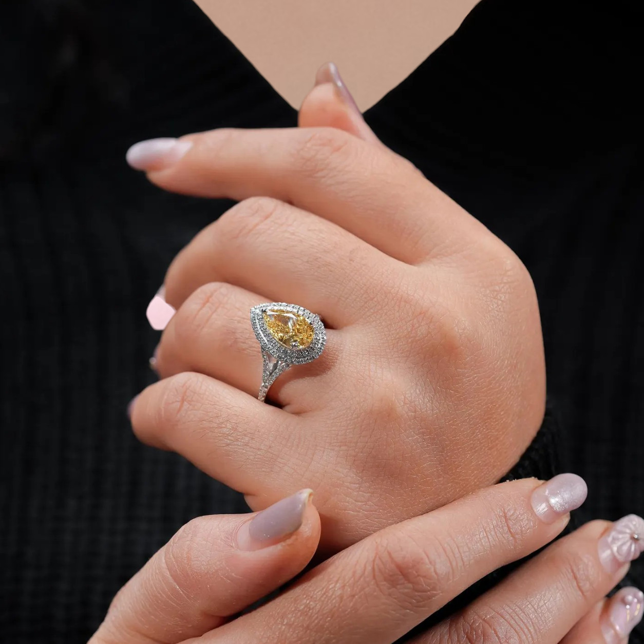 Fancy Intense Yellow Diamond Ring IGI Lab Grown 3.70 Ct Pear Cut 14K White Gold