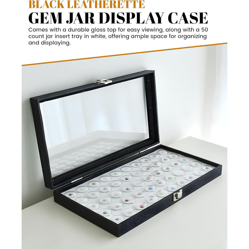 Glass Top Jewelry Display Case Box White 50 Gem Jars Insert
