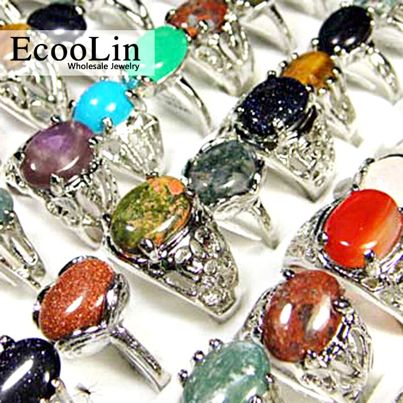 FREE Wholesale Lots Mixed 20Pcs Big Natrual gemstone stone Silver P Rings