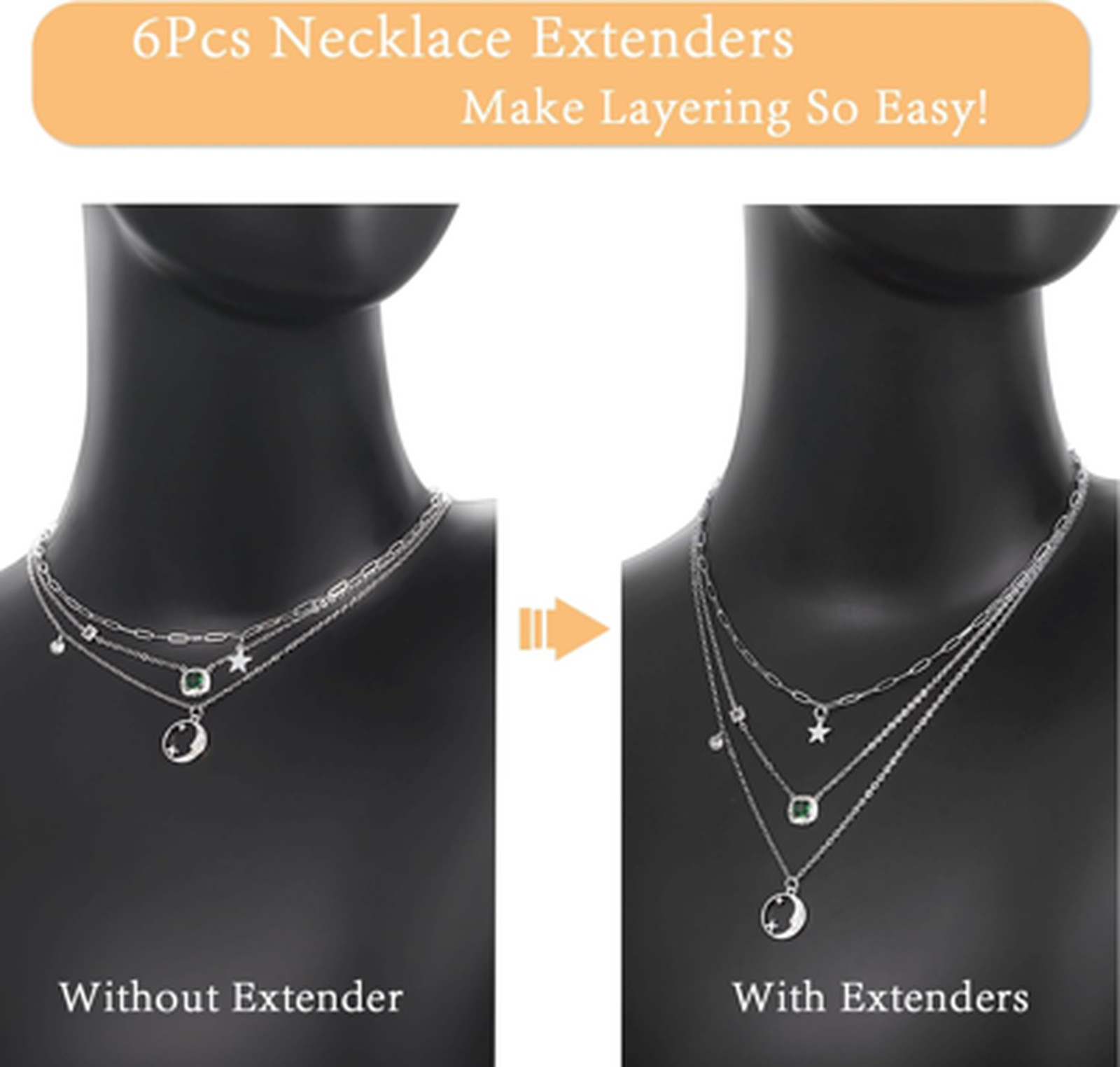 Women Necklace Extender 18K 14K Gold Plated Set 6 Pieces 1 to 6 Inches Box Chain