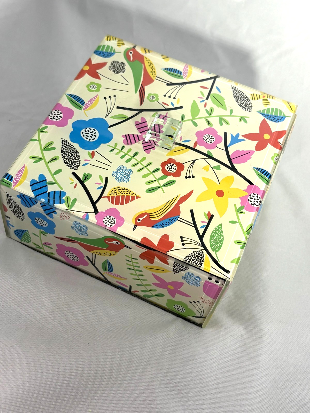 Colorful Nature-Theme Lucite Jewelry Box 5 1/2″ X 2 1/2″ SQ