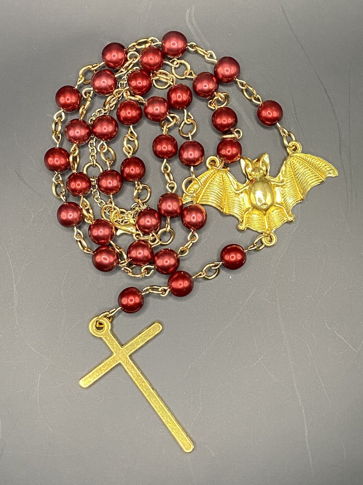 Handmade Faux Rosary Necklace, Gold And Red