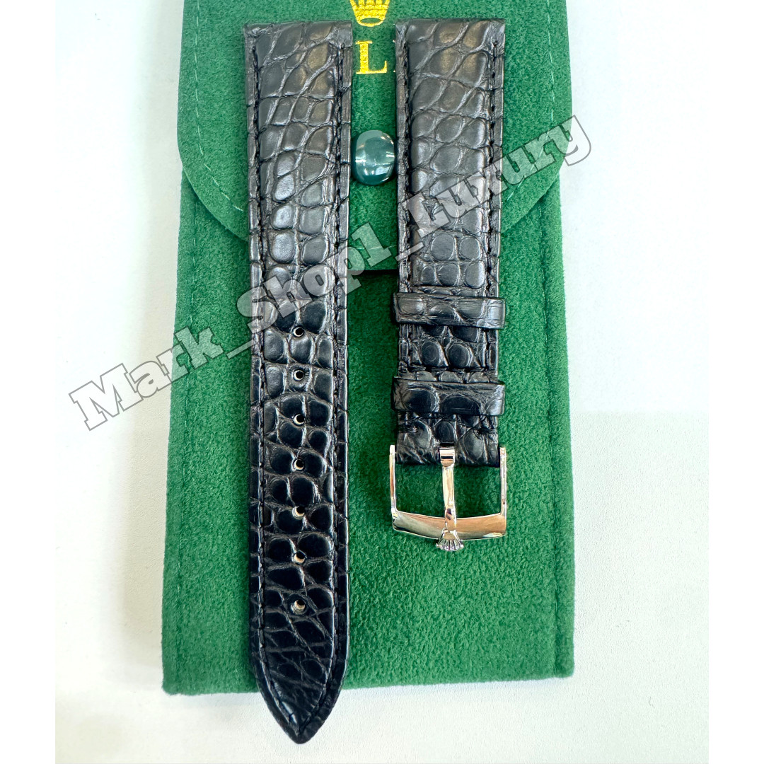 ROLEX Black Crocodile Leather Watch Band Rolex Silver Buckle 19-16mm NOS Vintage