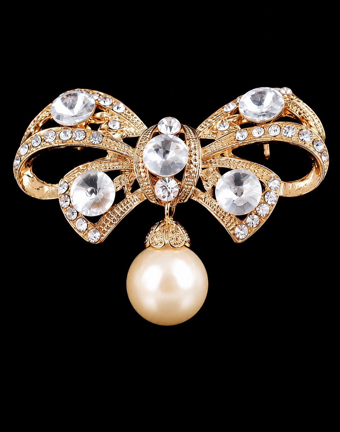 Gold Tone Rhinestone & White Pearl Flower Brooch Pin 6.3cm Cluster Nature