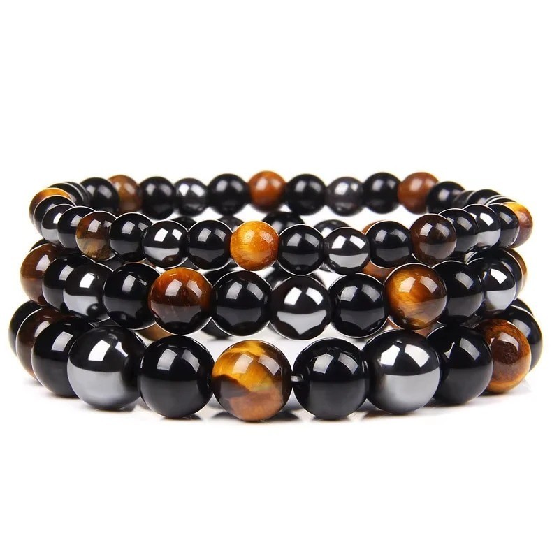 Triple Protection Bracelet 8mm Tiger Eye Obsidian Hematite Crystal Gemstone Bead
