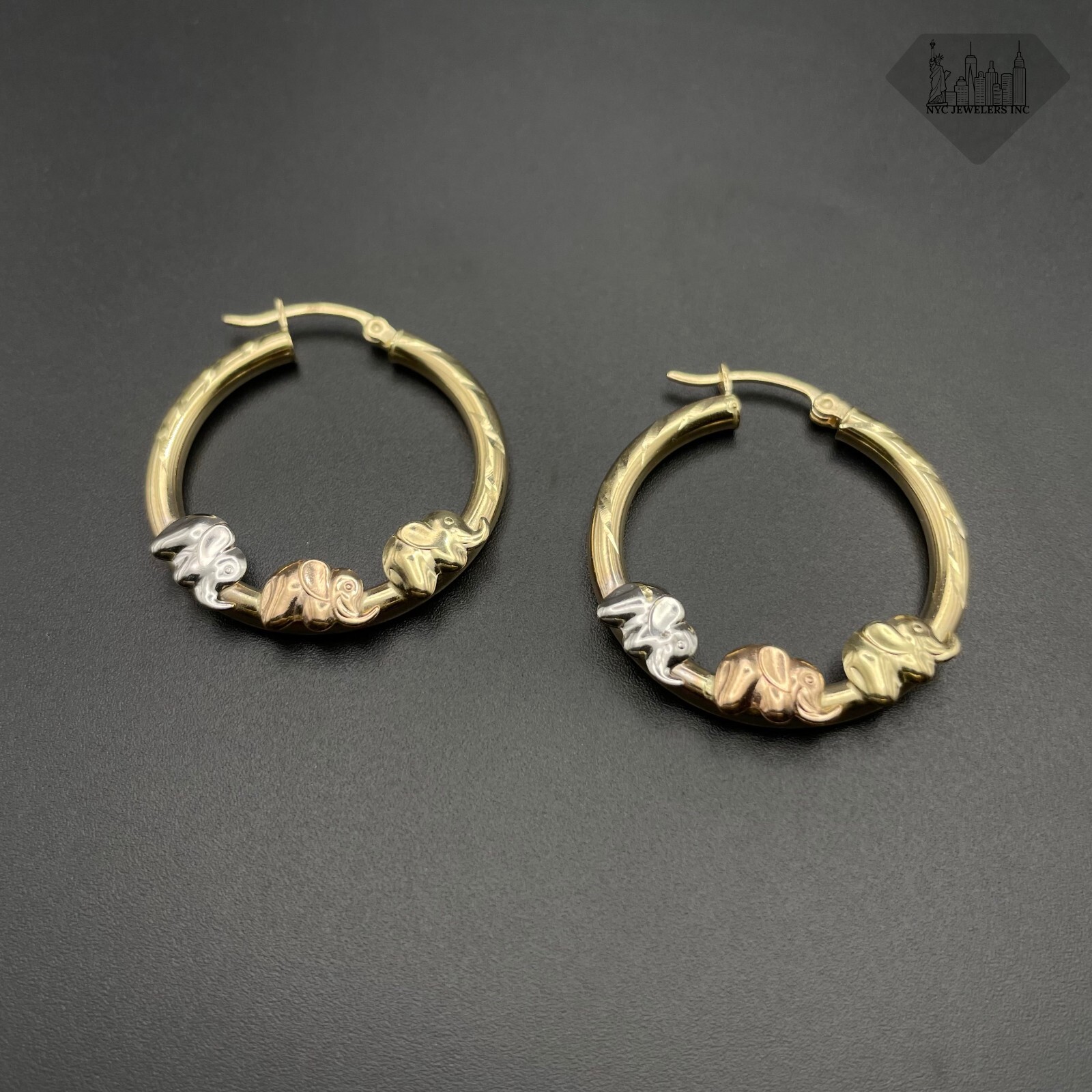 14K Gold Hoop Earrings Tri Color Elephants 30MM Hoop Earrings For Women Girls