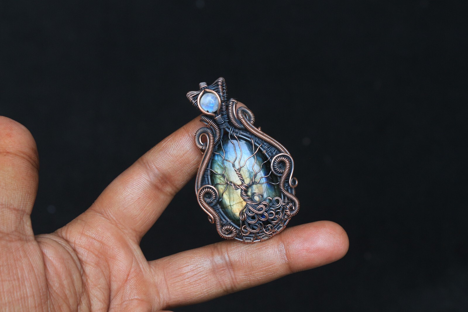 Yellow Fire Labradorite Copper Wire Wrap Tree Of Life Pendant Jewelry Gift NK547