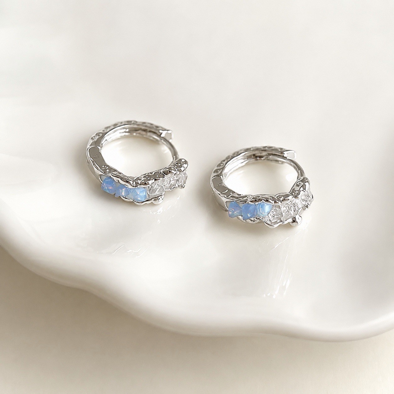 925 Silver Glass Crystal Huggie Hoop Earrings Minimalist Irregular Crystal A15