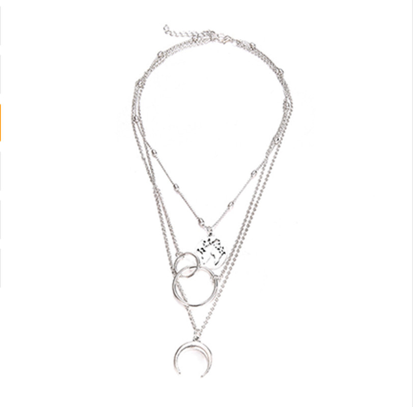 Women’s Layered Crescent Moon World Map Circle Pendant Necklace Silver Tone